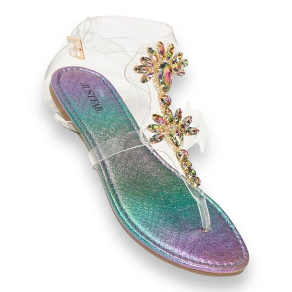 Justfab Sandals WMNS 9 Floral Jeweled Iridescent Ankle Strap Clear Kilee - Picture 9 of 9